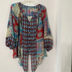 Valerie Stevens Colorful Abstract Print Stretchy Top Embellished Neck Womens XL